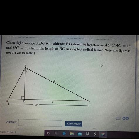 Given Right Triangle Abc With Altitude Bd Drawn To Hypotenuse Ac If Ac 16 And Dc5 What Is The