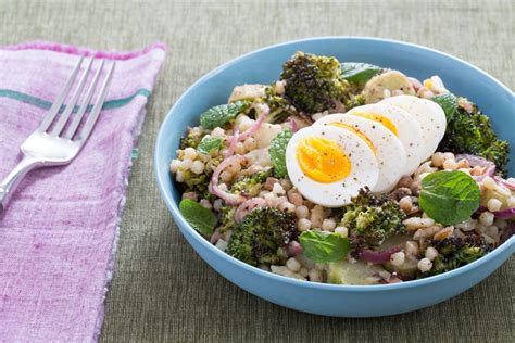 Recipe Roasted Broccoli Fregola Sarda Salad With Soft Boiled Eggs