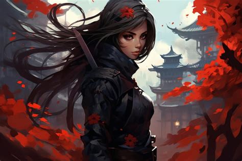 Premium AI Image | girl a beautiful japanese ninja girl concept art digital painting fantasy