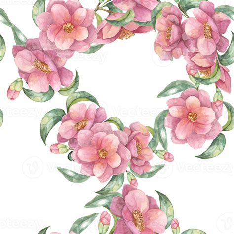 Pink Camellia Flowers Arranged With Green Leaves In A Seamless Pattern