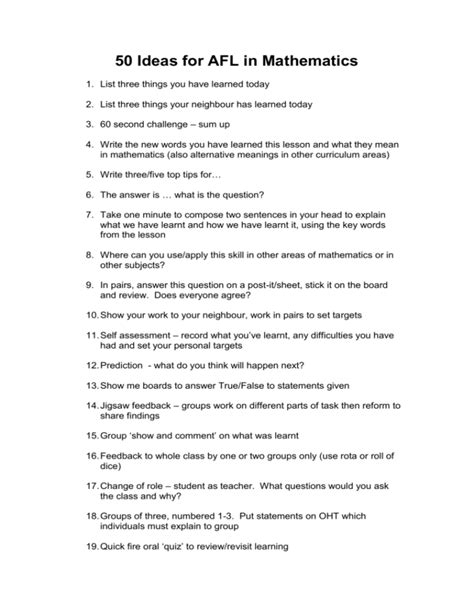 50 Ideas For Afl In The Math Classroom