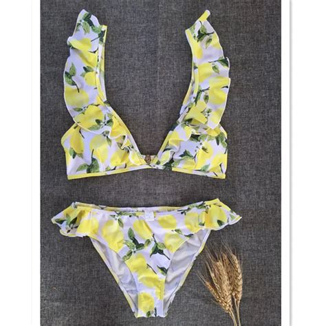 Kekaka Yellow Ruffles Bikinis Women New Hot Sale Lemon Print Sexy