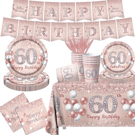 Amazon.com: 60th Birthday Tableware Decorations for Women, 142Pcs Pink ...