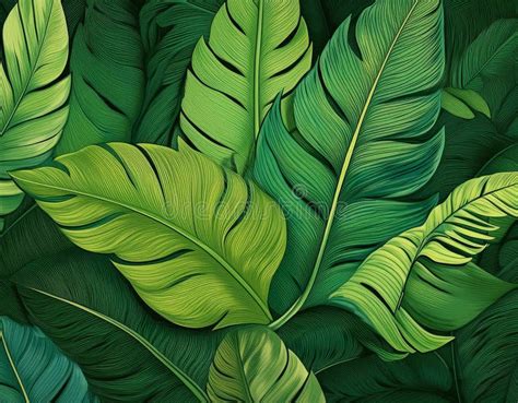 Seamless Pattern Of Tropical Leaves In Various Shades Of Green Stock