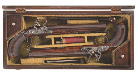 Cased Pair Of Gold Inlaid Manton Flintlock Dueling Pistols Rock