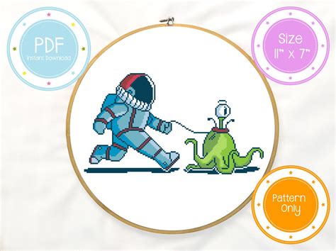 Cute Astronaut Walking Pet Alien In Space Cross Stitch Pattern Etsy