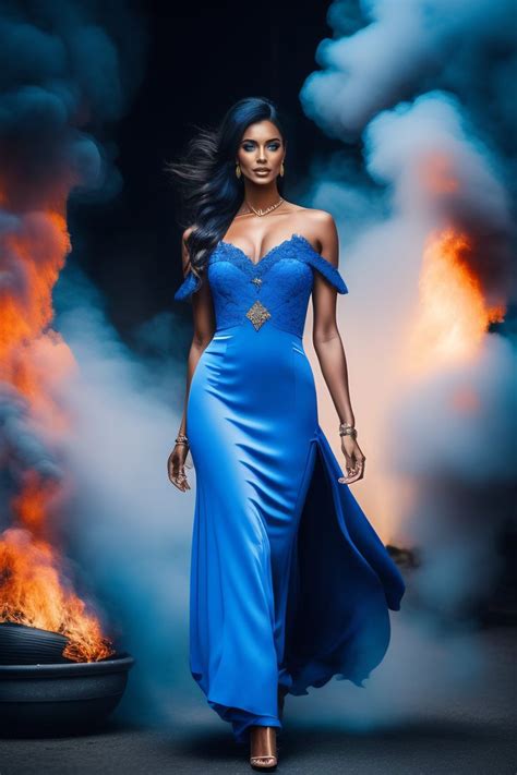 Charismatic Women Blue Dress With Fire In The Hand Arm On Top