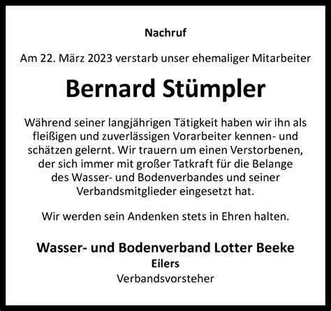 Traueranzeigen von Bernard Stümpler noz Trauerportal