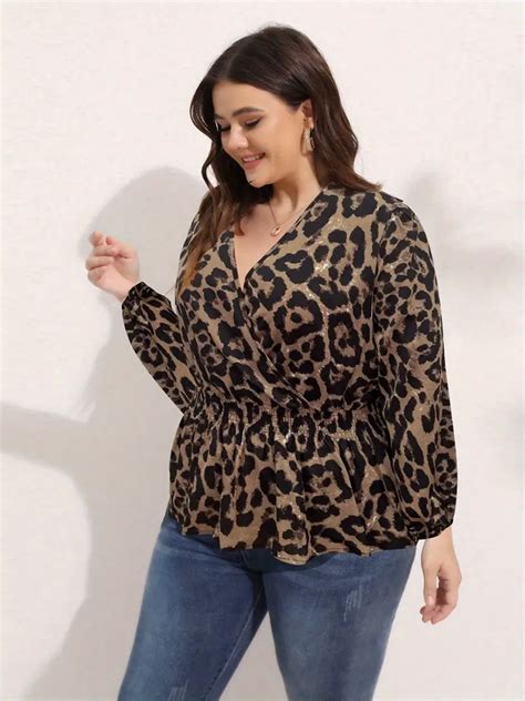 Plus Size Elegant Blouse Womens Plus Leopard Print Lantern Temu