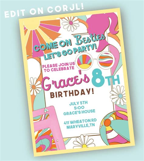 Come On Besties Lets Go Party Pool Party Dollie Digital Invite Etsy