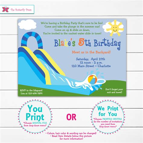 Waterslide Party Birthday Invitation Pool Party