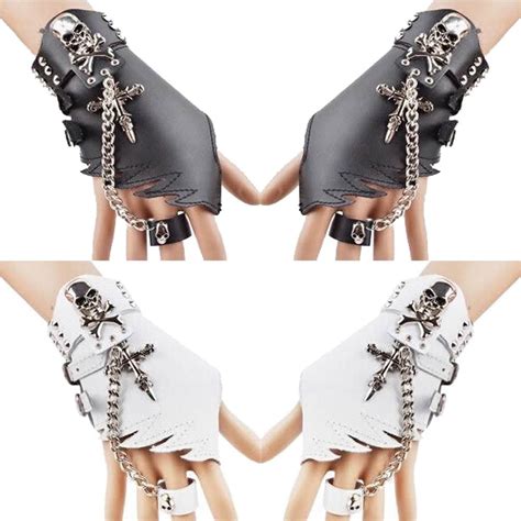 Gothic Skull Leather Womens Fingerless Gloves Punk Design Punk