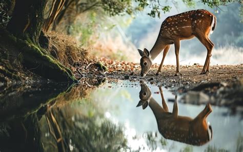 Premium Photo Deer Cautiously Approaching A Watering Hole