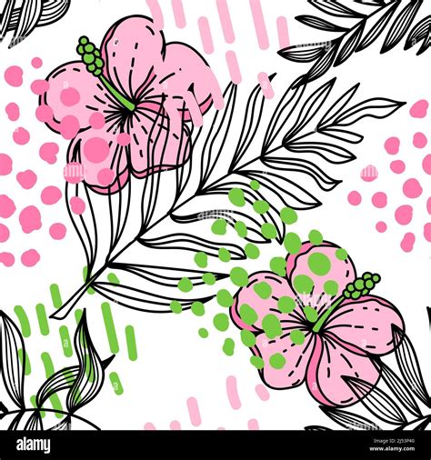 Vector Hand Drawn Line Art Magnolia Floral Seamless Pattern Hi Res