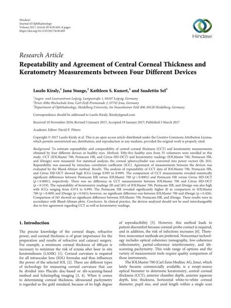 Pdf Repeatability And Agreement Of Central Corneal Thickness And