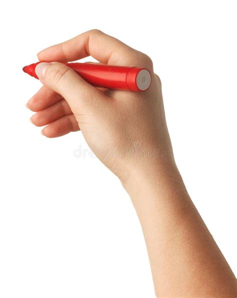 Female Hand Is Ready For Drawing With Red Marker Isolated Stock Photo