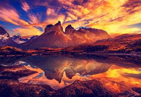 Rising Sun Torres Del Paine Bonito Sky Clouds Lake Mountains