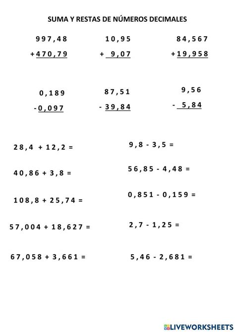 Decimals Addition And Subtraction Worksheet