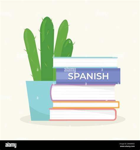 Concept Of Learning Spanish Language Pile Of Books And Cactus Flower