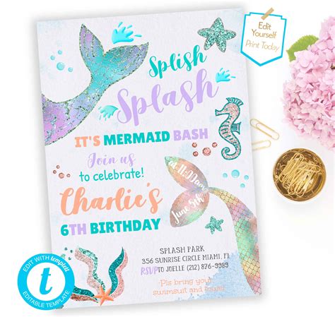 Download Splish Splash Mermaid Birthday Bash Invitation Etsy