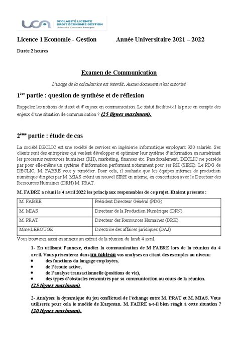 L1 E 2022 communication Licence 1 Economie Gestion Année