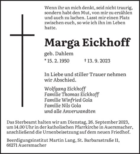 Traueranzeigen Von Marga Eickhoff Saarbruecker Zeitung Trauer De