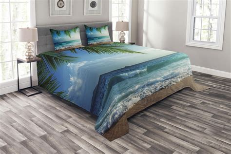 Ocean Bedspread Set King Size Palms Tropical Island Beach Seashore Water Waves Hawaiian