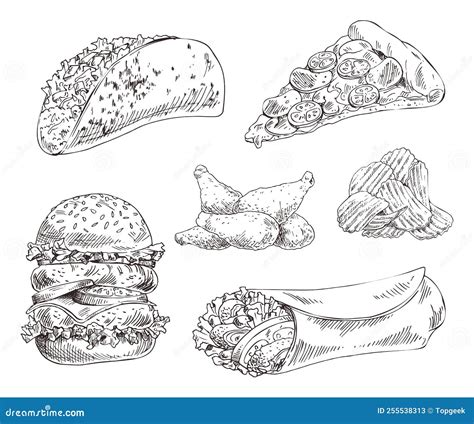 Fast Food Set Hand Drawn Vector Monochrome Sketch Stock Vector