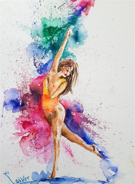 A Watercolor Painting Of A Woman Dancing With Colored Paint Splatters