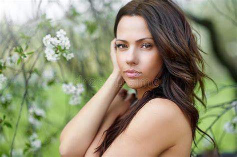 Beautiful Brunette Woman With Perfect Skin Close Up Portrait Stock