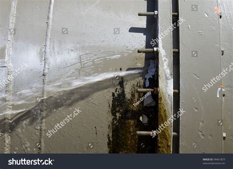 Large Aqueduct Water Pipe Leaking From A Bolted Joint Stock Photo