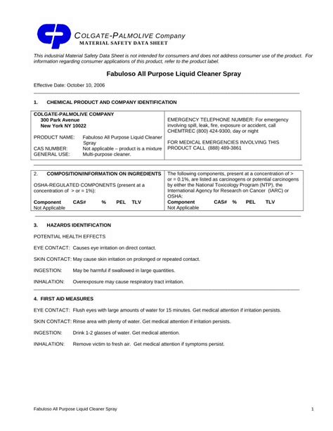 Pdf Material Safety Data Sheet Menards · Pdf Filefabuloso All Purpose Liquid Cleaner Spray 1