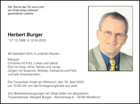 Herbert Burger Traueranzeige Badische Zeitung