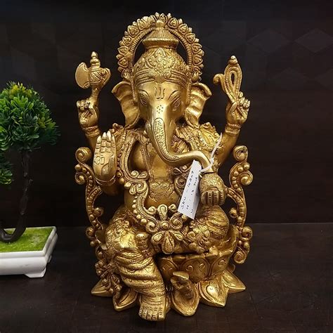 Brass Big Ganapathy Idol On Lotus Base Designer Look 12 VgoCart