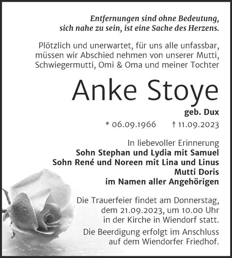 Traueranzeigen Von Anke Stoye Abschied Nehmen De