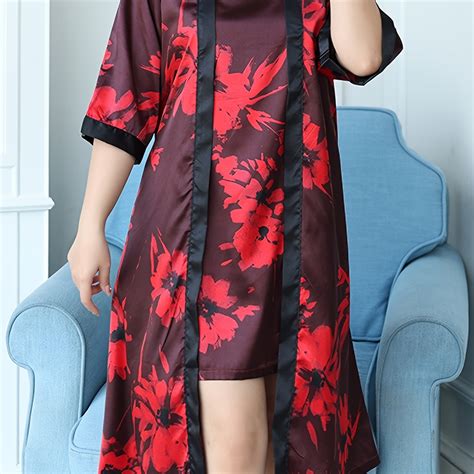 Plus Size Satin Floral Print Nightgown With Belt Nightdress Set Women S