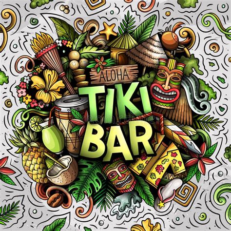 Tiki Bar Hand Drawn Cartoon Doodle Illustration Funny Hawaiian Design