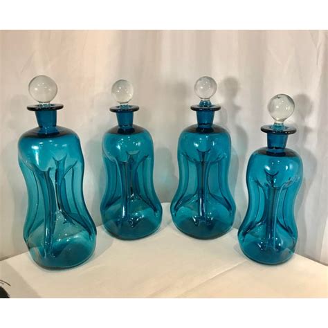 Vintage Mid Century Modern Kastrup Holmegaard Blue Glass Graduated Kluk Kluk Decanters By Jacob