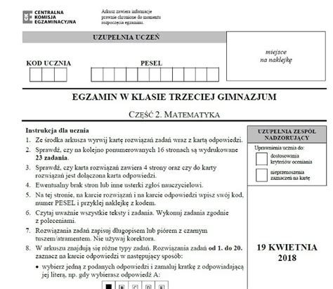 EGZAMIN GIMNAZJALNY 2018 Matematyka Arkusze CKE I Odpowiedzi