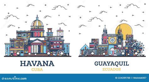 Outline Guayaquil Ecuador And Havana Cuba City Skyline Set Stock