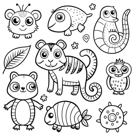 Animais de desenho animado bonitos em um estilo de doodle brincalhão