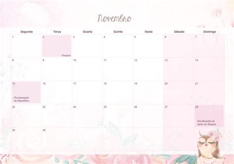 Calendario Mensal Corujinha Novembro Fazendo A Nossa Festa