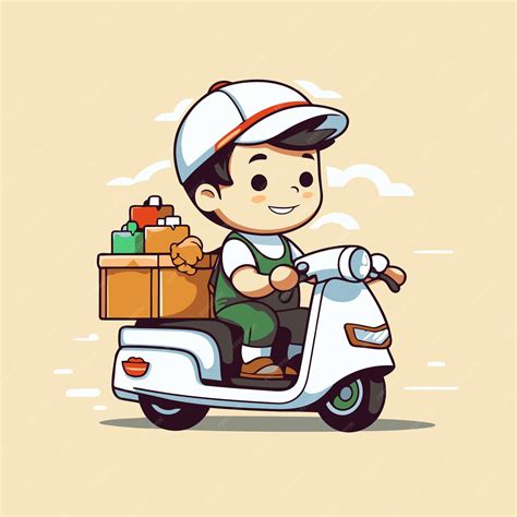 Premium Vector Cute Cartoon Delivery Boy Riding A Scooter Vector