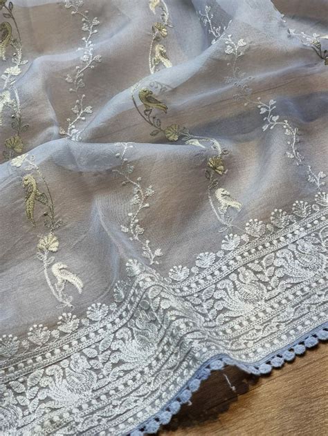 Pure Organza Silk Embroidery Chikankari Border With Crochet Lace