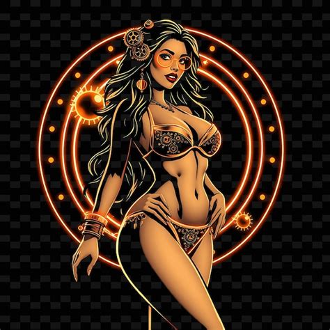 Curvy Woman In Bikini Neon Steampunk Art Design With Bronze And Metallic Theme Decorated With