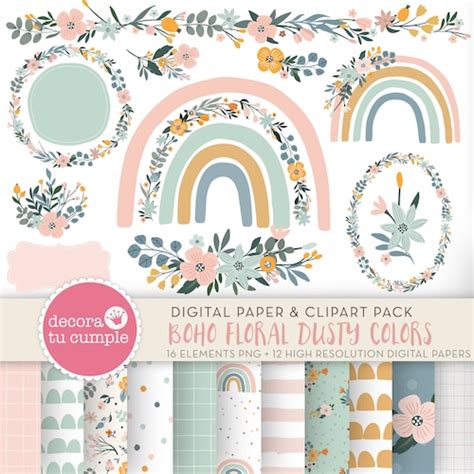 Boho Rainbow Floral Clipart Set Natural Colors Pastel Dusty Etsy