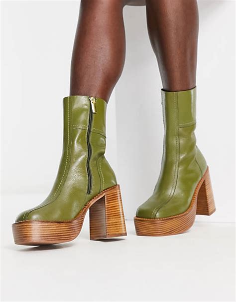 Asos Design Romeo Leather Platform Boots In Khaki Asos