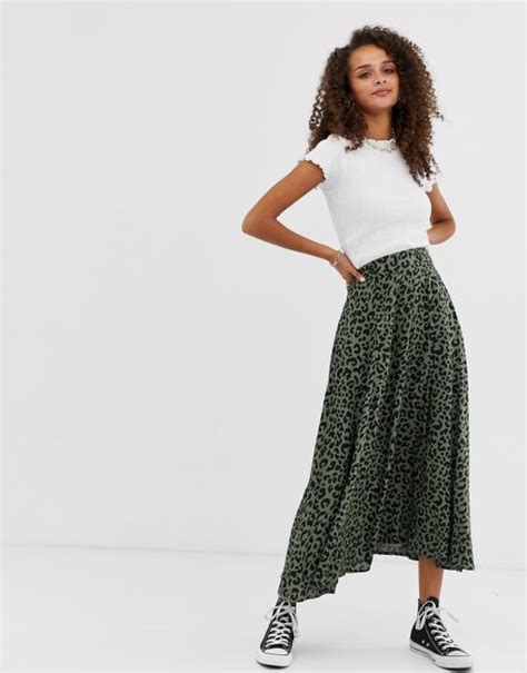 Asos Design Floaty Midi Skirt With Button Waist Detail In Leopard Print Asos