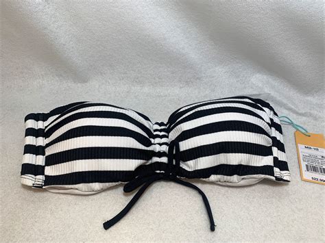 Kona Sol Womens Rio Ribbed Center Cinch Bandeau Bikini Top Black White