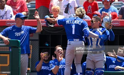 Mj Melendez Of The Kansas City Royals Is Congratulated At The Dugout